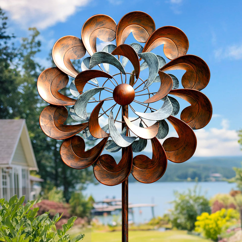 Pure Echo metal wind spinner outdoor 84-inch height enhances yard art in sunlight.