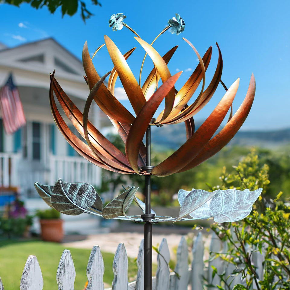 Pure Echo Lotus wind spinner 84-inch design adds a striking garden focal point.