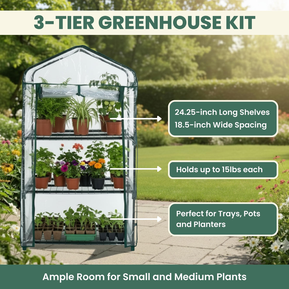Pure Garden 3-Tier inside shelves illustrating seed starting and plant care capacity.