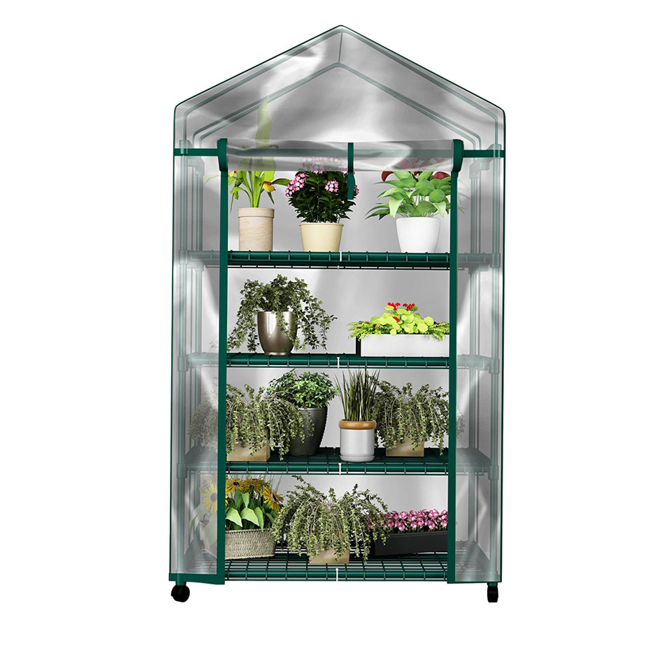 Pure Garden 4 Tier Mini Greenhouse front view showcases compact portable design for indoor or outdoor use
