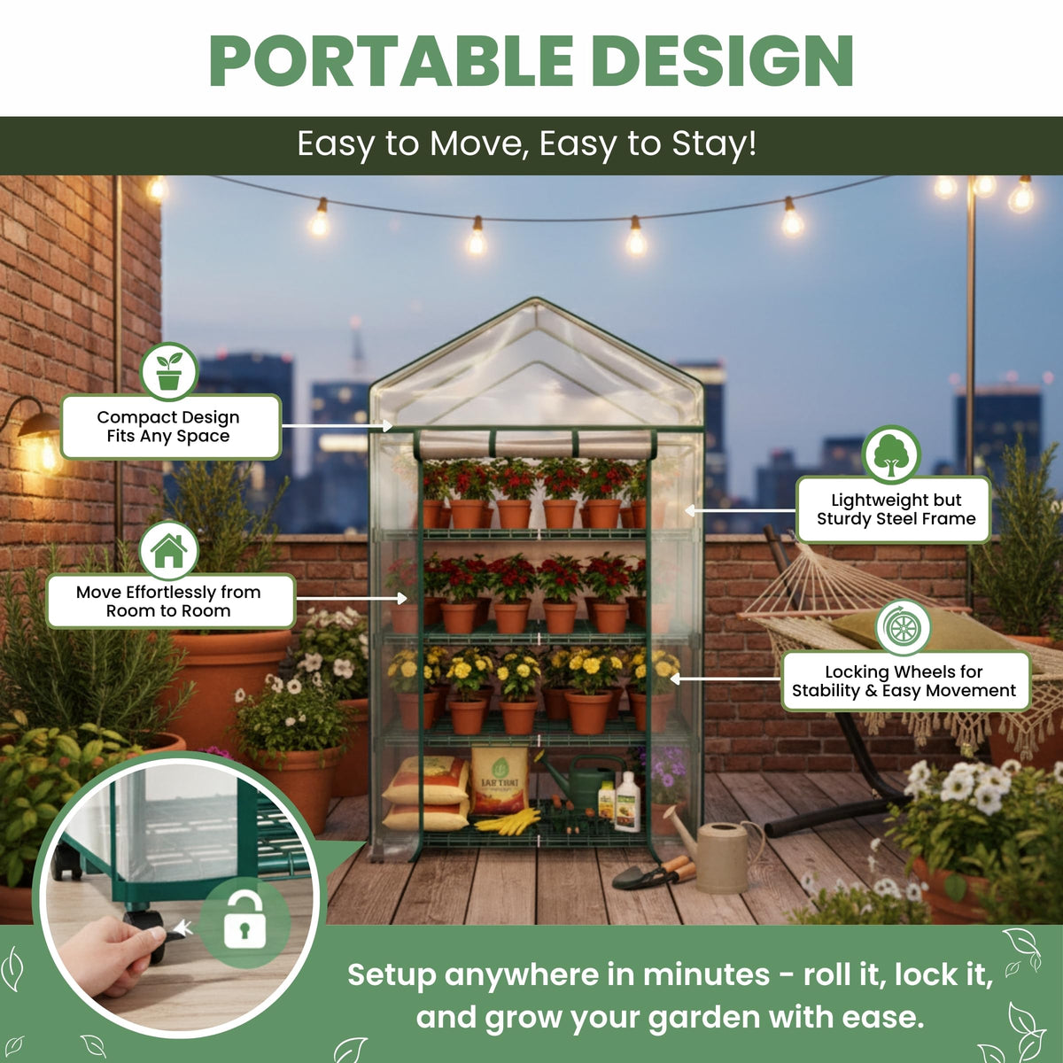 Pure Garden 4 Tier Mini Greenhouse side view highlights sturdy frame and accessible shelving