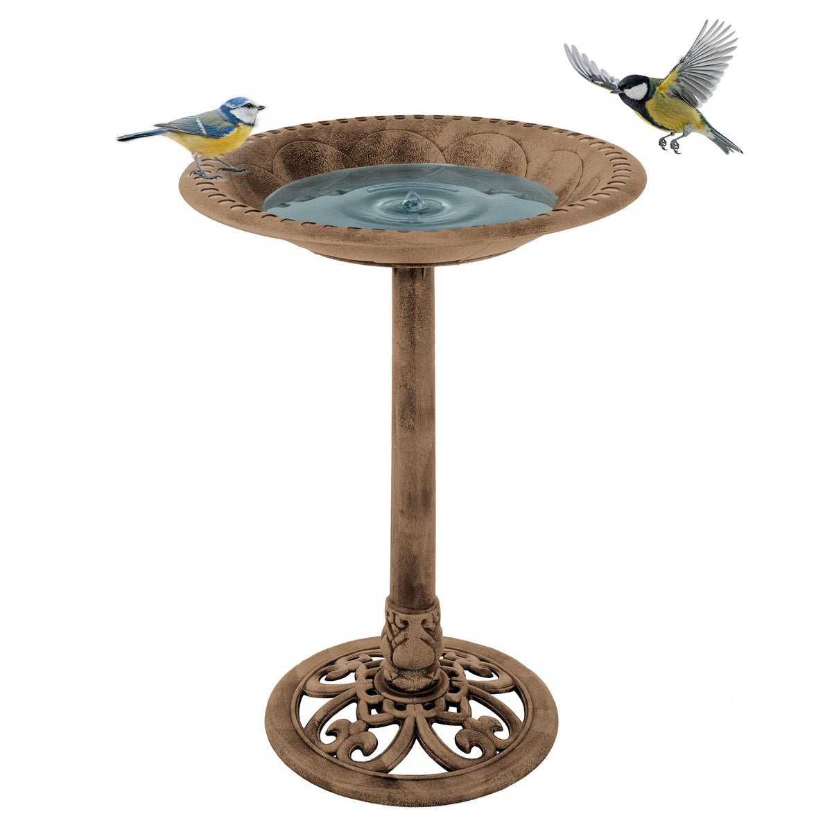 Pure Garden antique scroll bird bath bronze finish attracts birds and enhances outdoor decor.