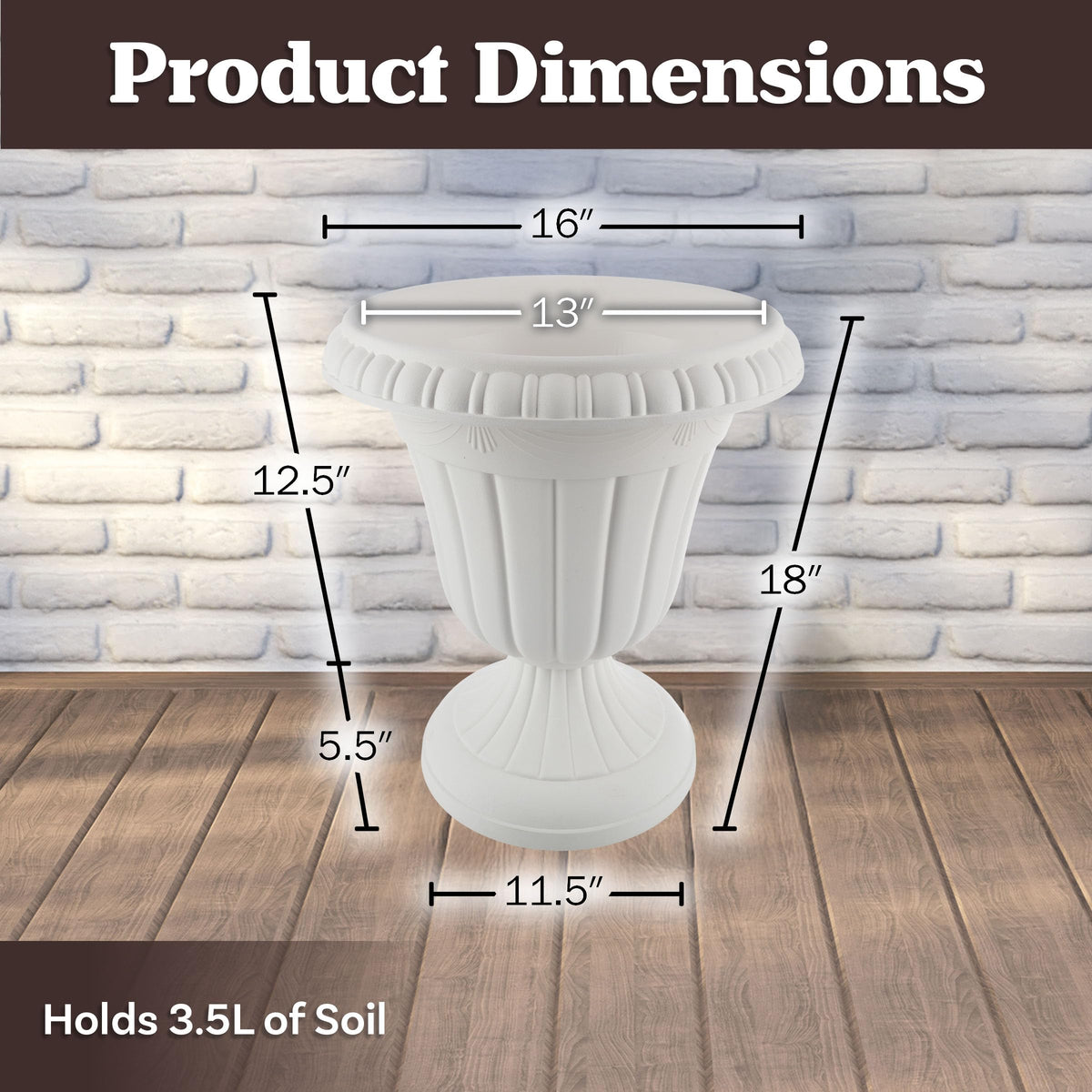 Pure Garden white urn planter with optional drainage