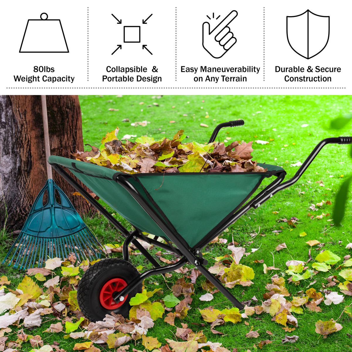 Pure Garden folding wheelbarrow showing 80lb capacity for mulch and soil.