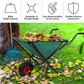Pure Garden folding wheelbarrow showing 80lb capacity for mulch and soil.