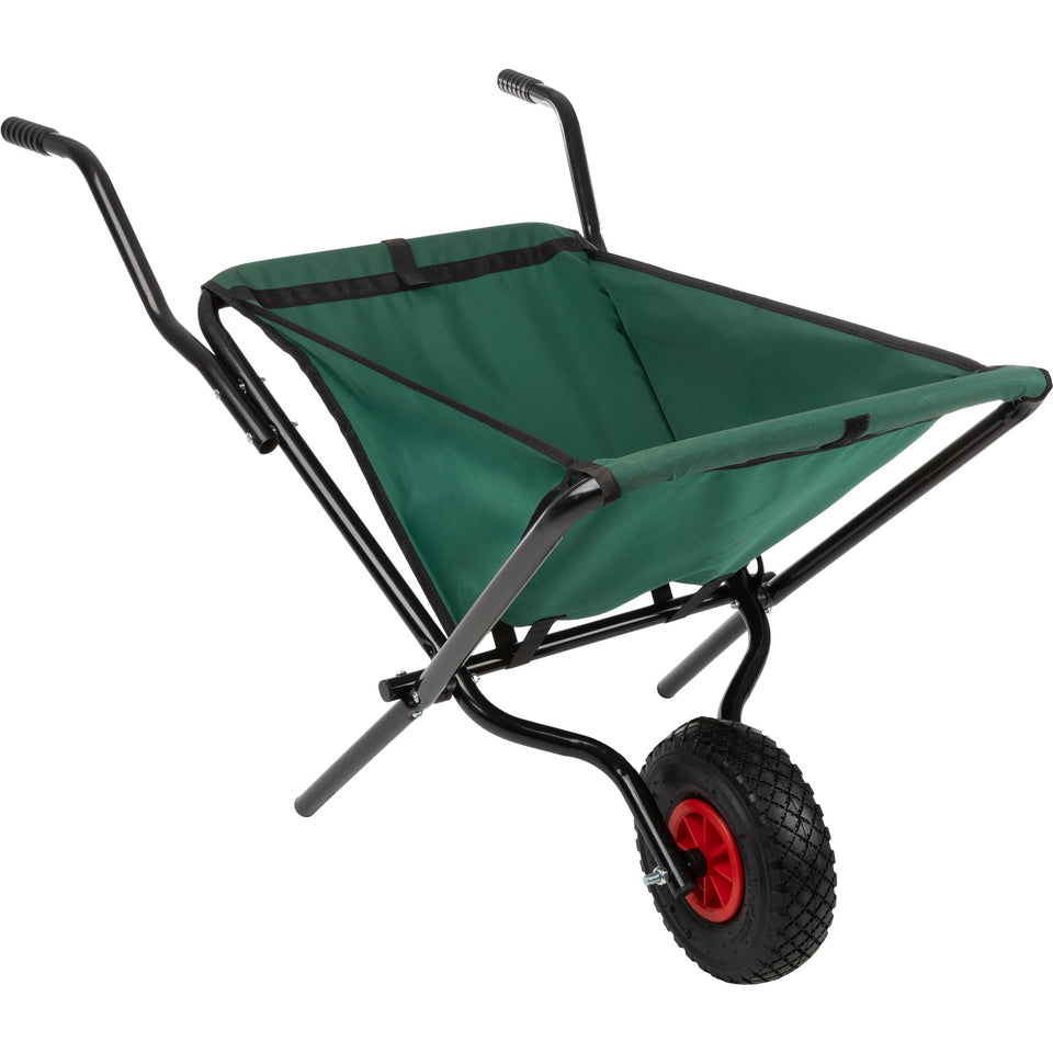 Pure Garden folding wheelbarrow with compact fold for easy garage storage.