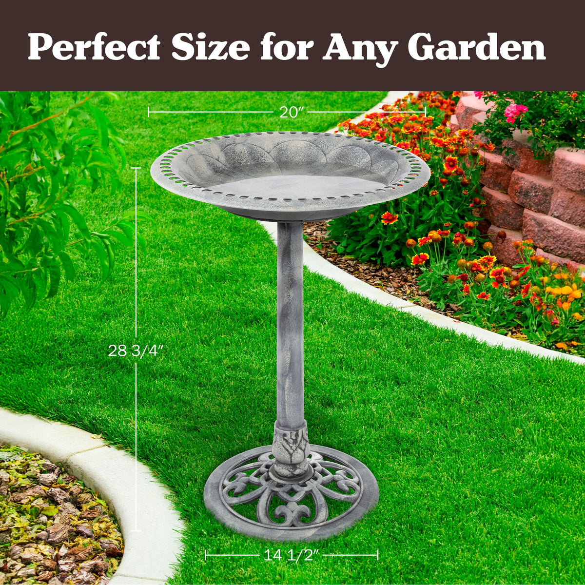 Pure Garden gray weather-resistant bird bath endures seasonal use.