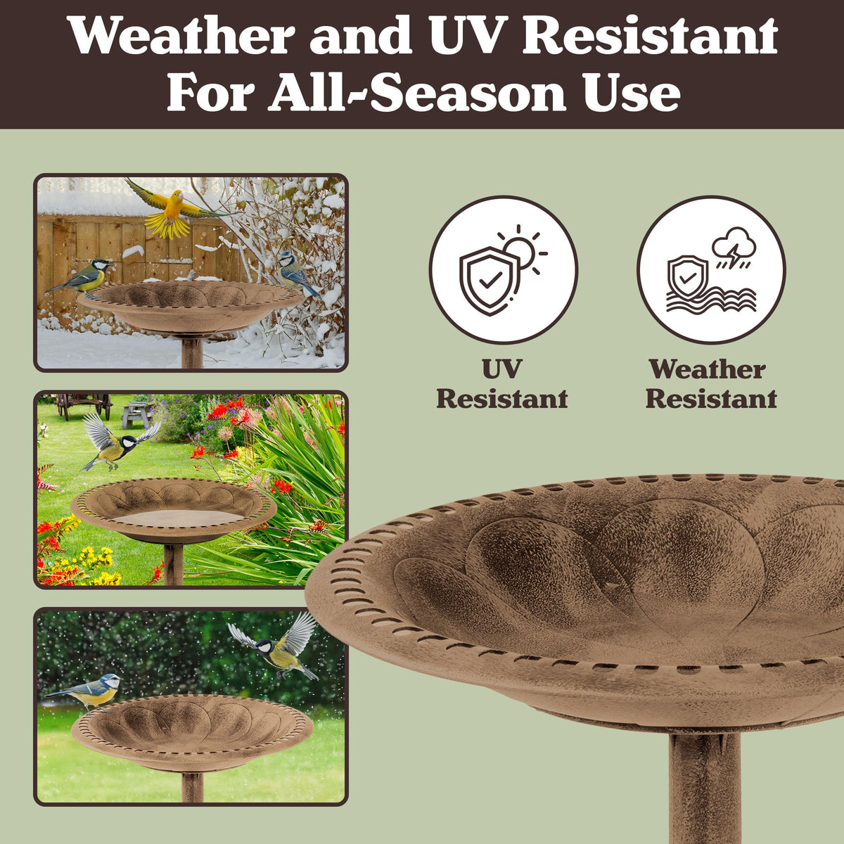Pure Garden bird bath with ground stakes for secure outdoor setup.