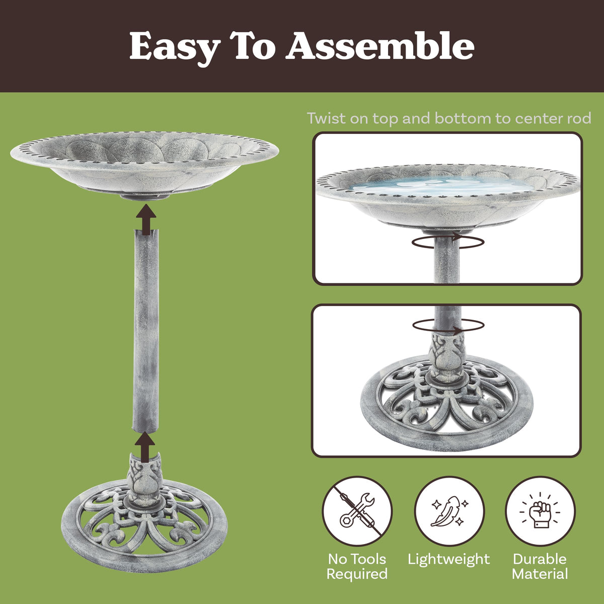 Pure Garden ground-stakes and center pole keep the bird bath steady outdoors.