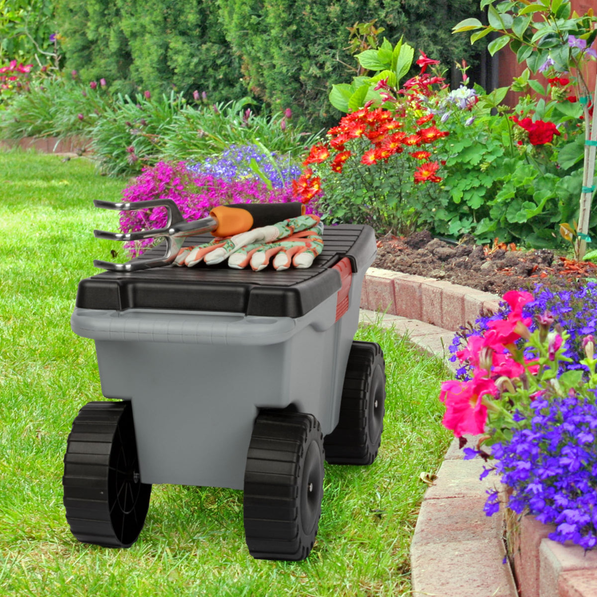 Spacious interior of the Pure Garden cart accommodates gloves, tools, and supplies
