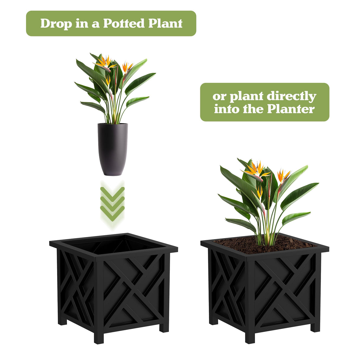 Pure Garden lattice design planters top view highlights open bottom drainage