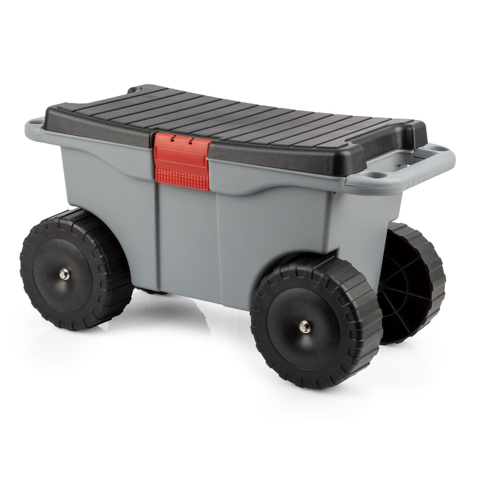 Pure Garden rolling cart with seat in gray offers a built-in bench for easy seating during gardening