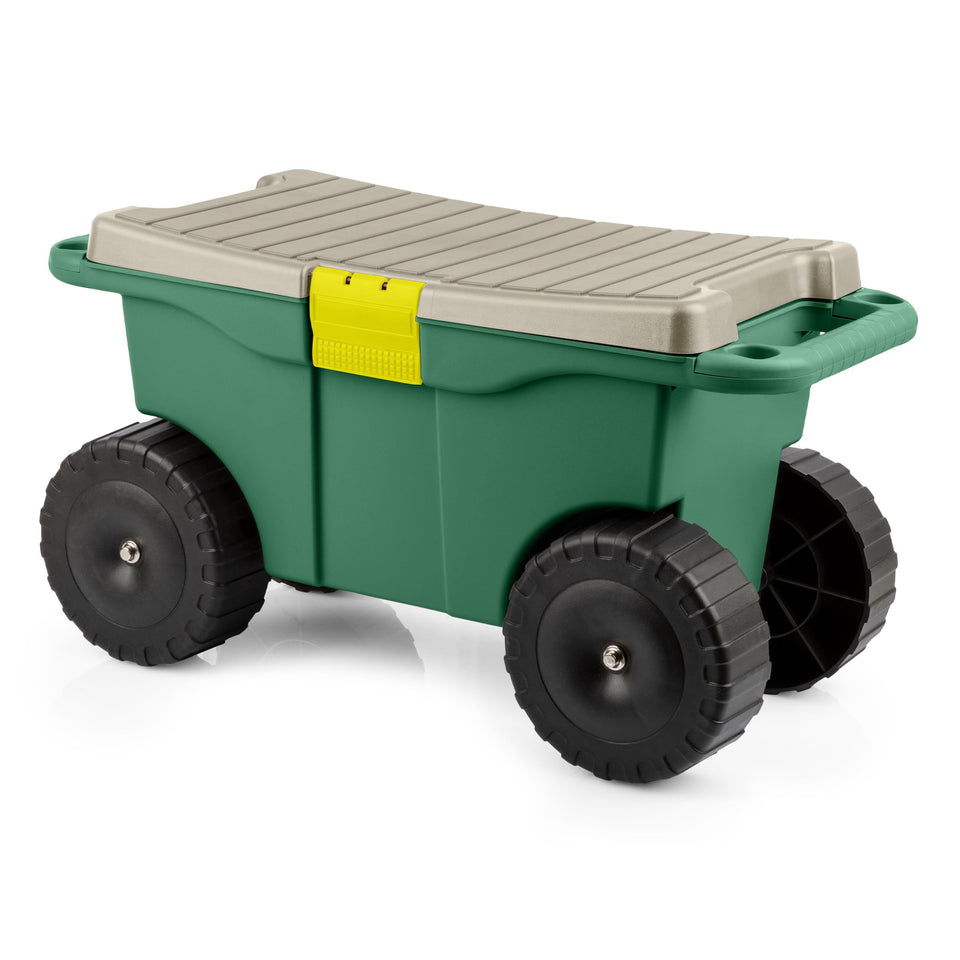 Pure Garden Rolling Cart with Seat lid: sit while weeding for comfort.