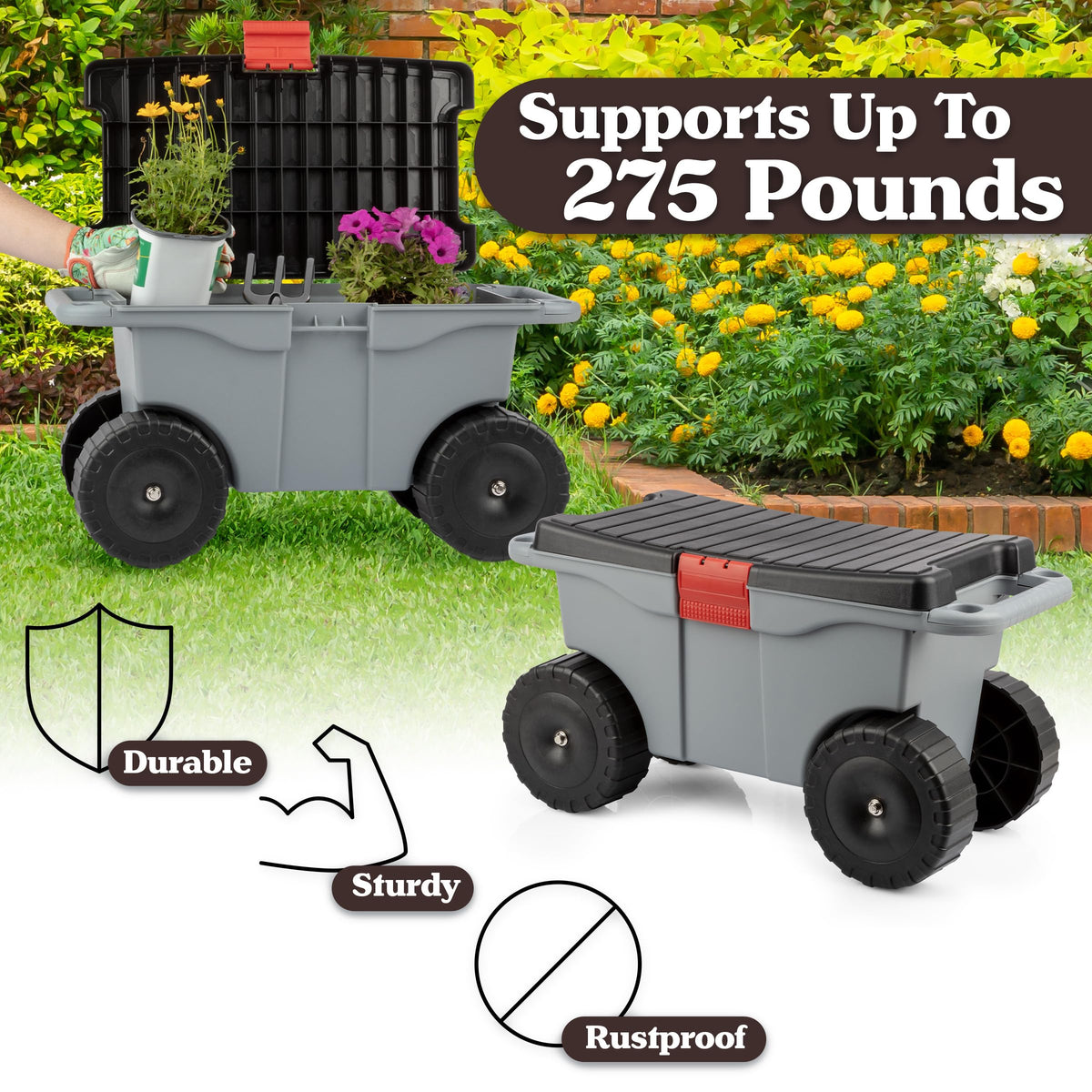 Four 6-inch wheels on the Pure Garden cart rolling smoothly over terrain