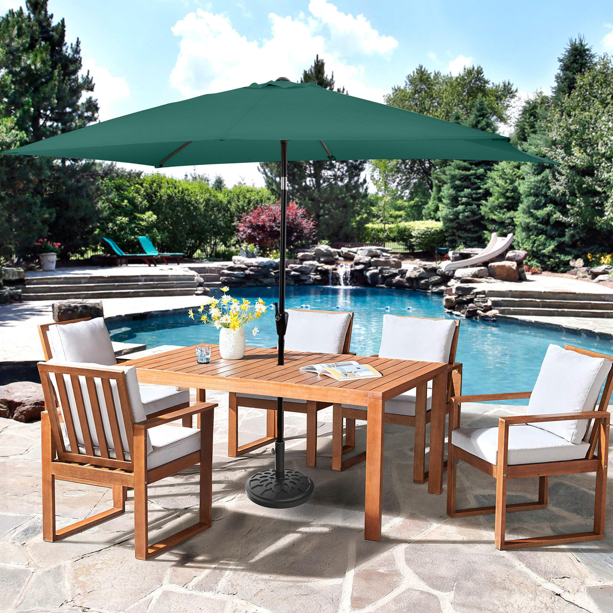 Pure Garden 19lb weight keeps outdoor umbrellas steady against breeze.