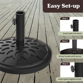 Pure Garden umbrella base dimensions 16.5 by 16.5 inches fit most patios.