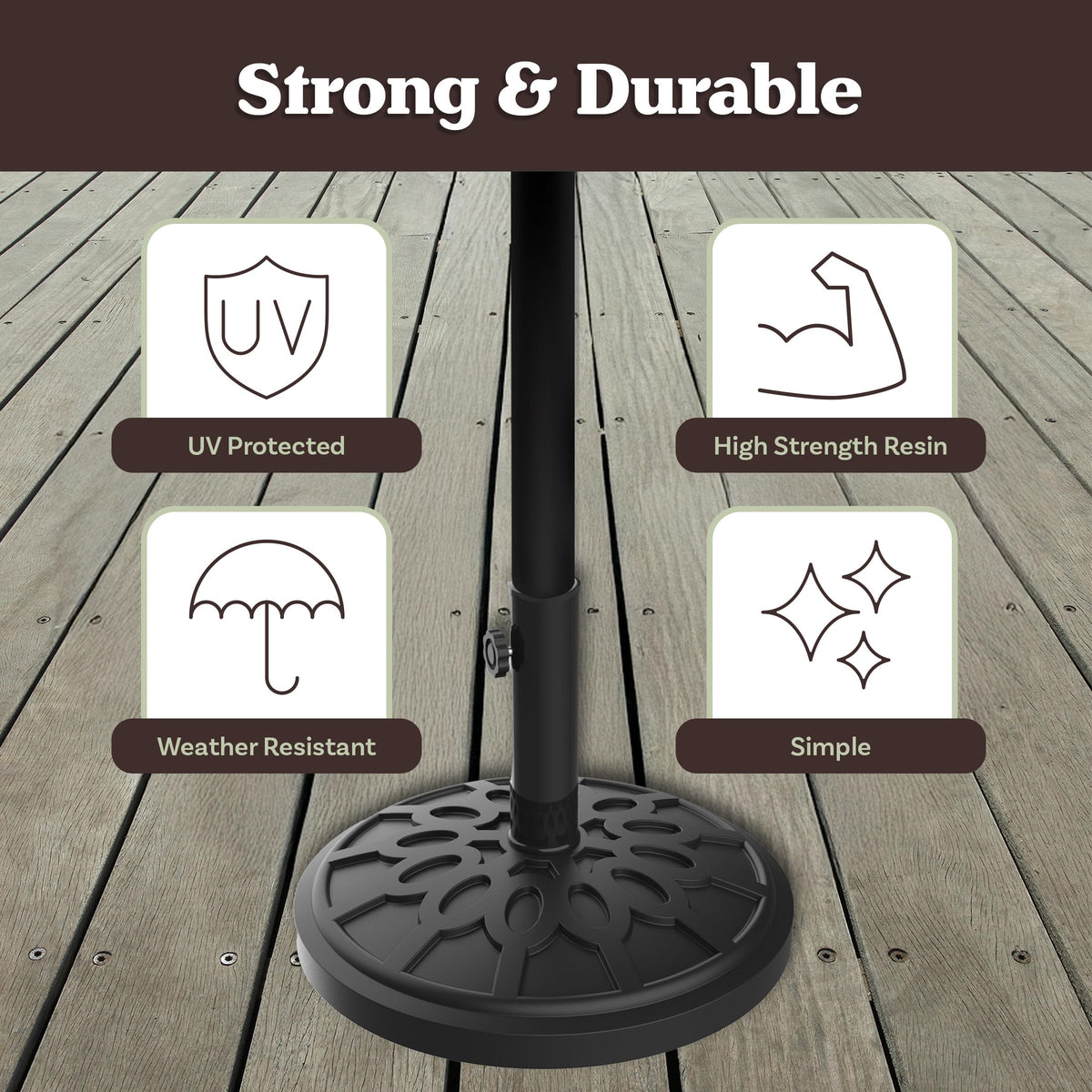 Pure Garden base on a patio table creates calm shade for meals.