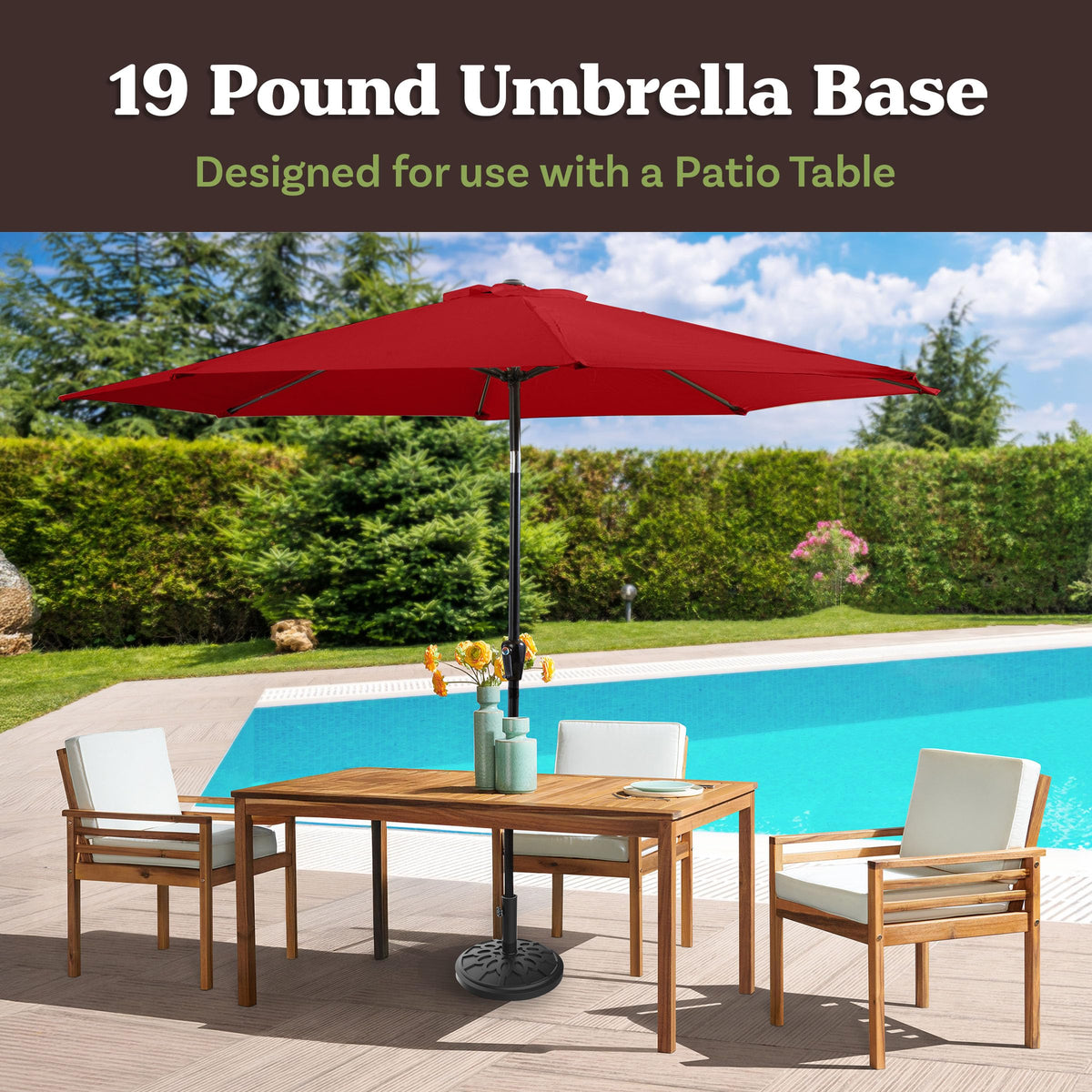 Pure Garden umbrella base with pole-lock demonstrates secure stability for tilt or table setups.