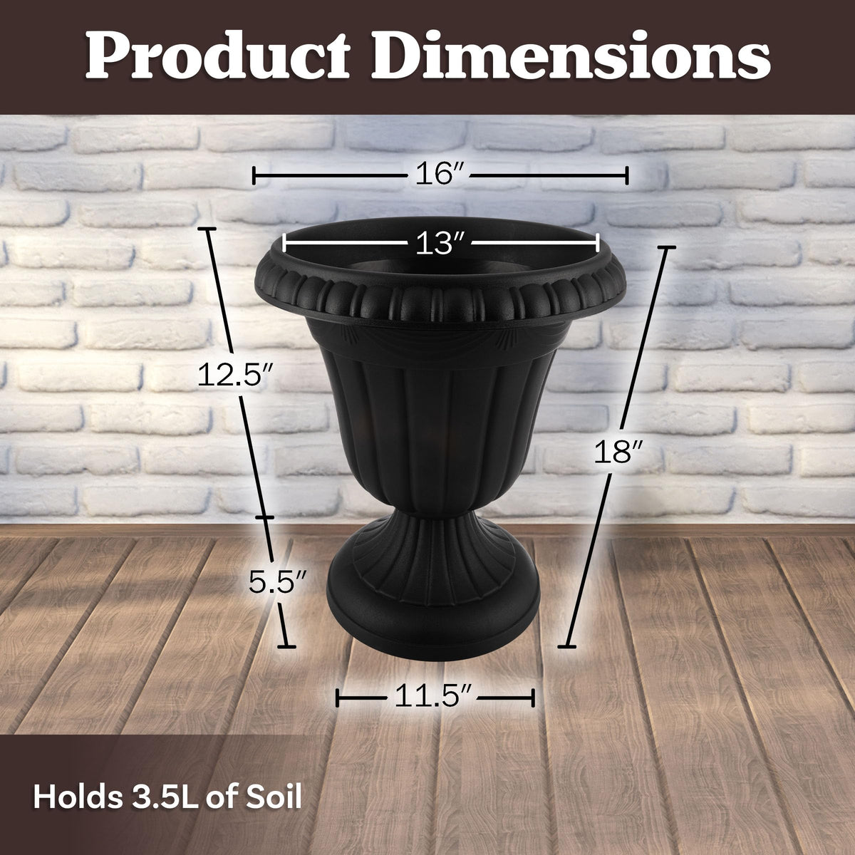Pure Garden urn planter drainage holes optional in black