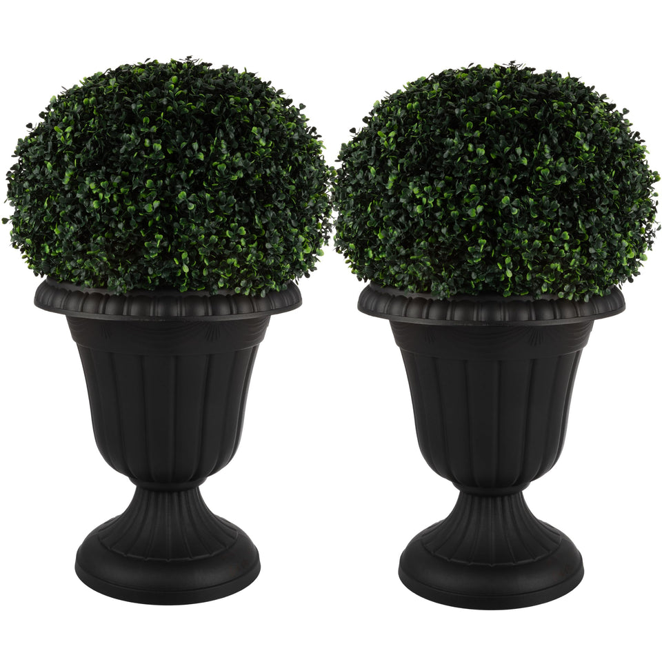 Pure Garden urn planter front view in black for entryway decor