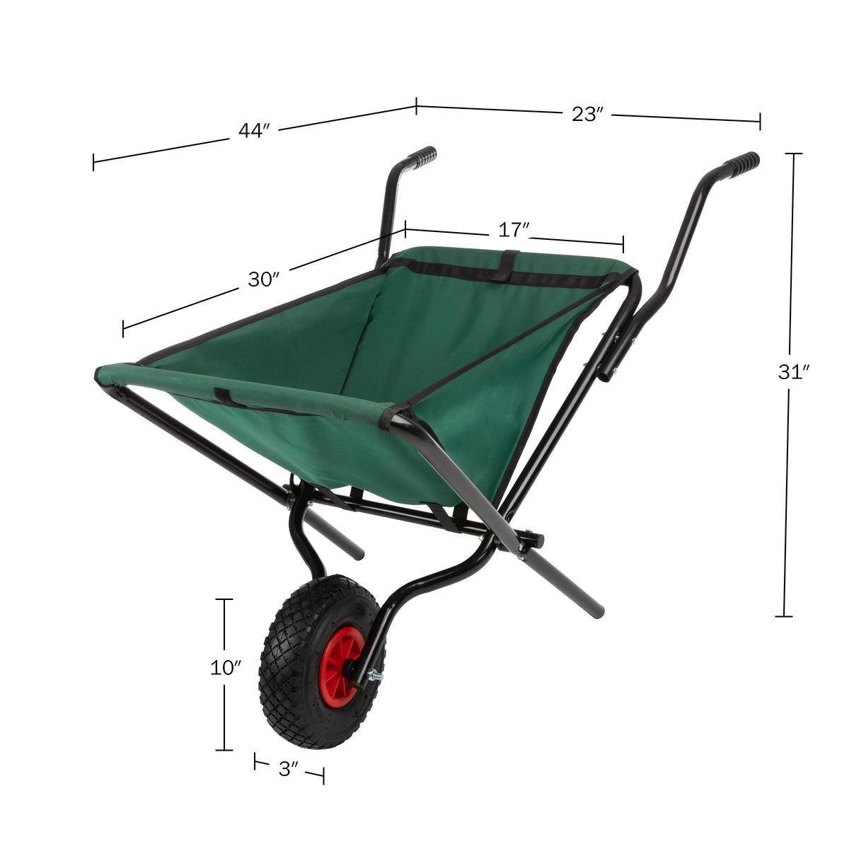 Pure Garden folding wheelbarrow with 10-inch pneumatic tire on uneven ground.