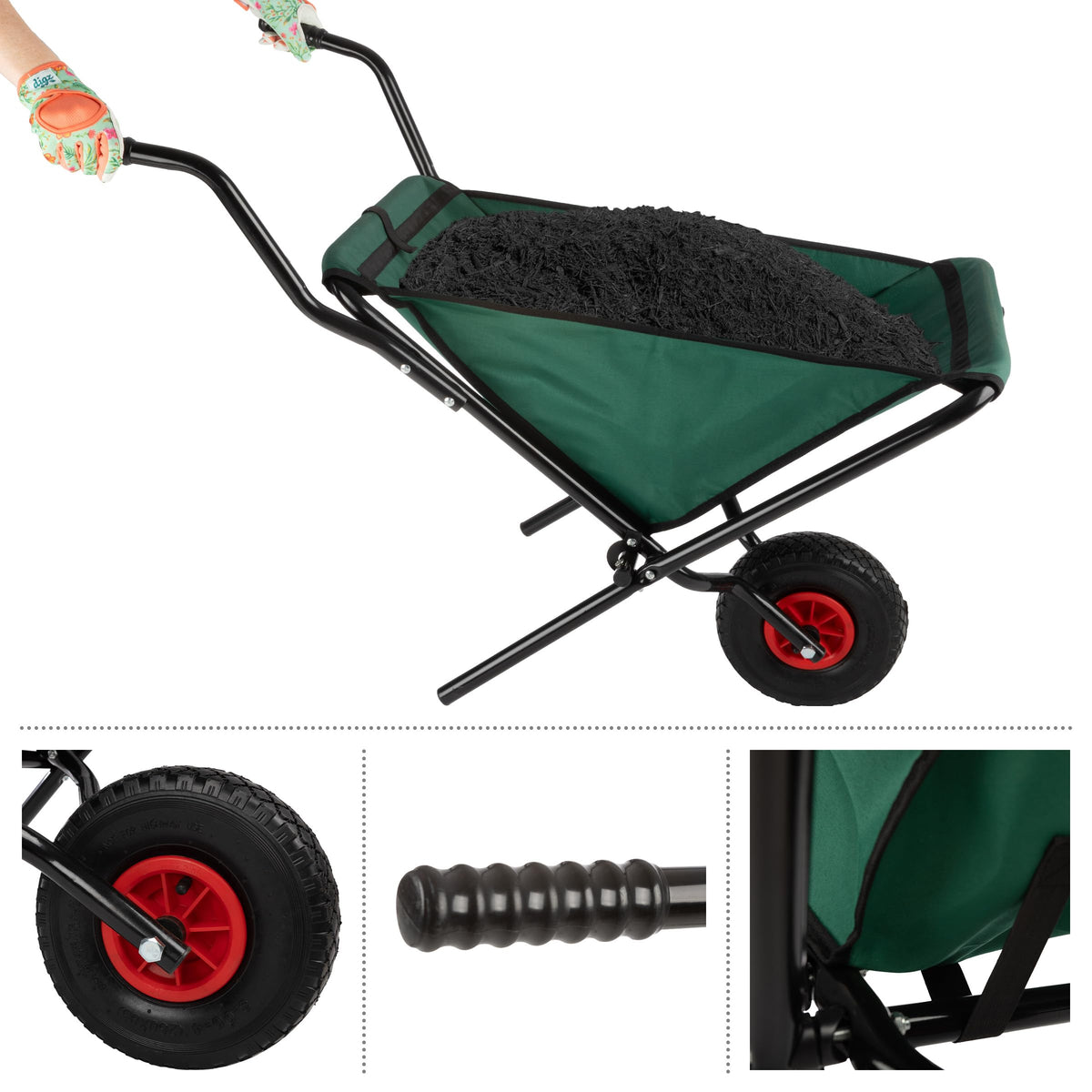 Pure Garden folding wheelbarrow uses durable 600D Oxford cloth and fabric bed.