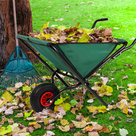 Pure Garden folding wheelbarrow folded and ready for storage in a closet or trunk.
