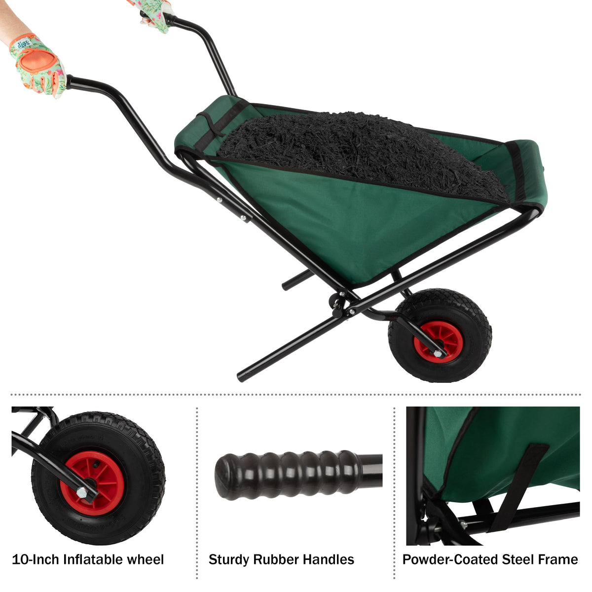 Pure Garden folding wheelbarrow with three tool pouches for easy access.