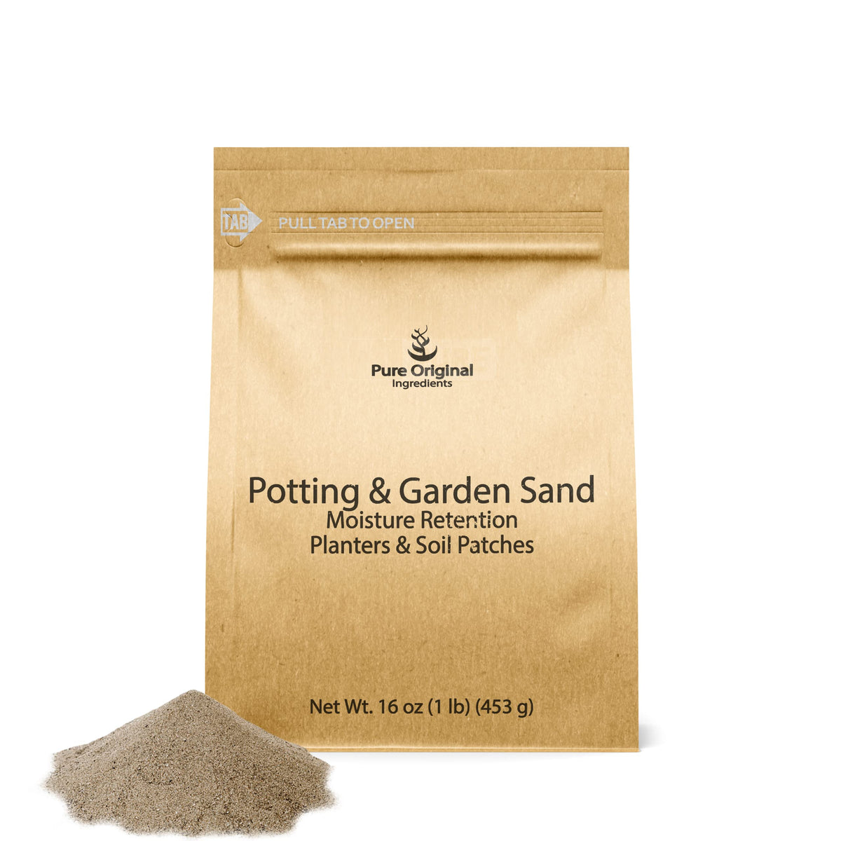 Pure Original Ingredients potting sand in bag front, ready to boost soil moisture.