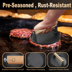 PureChef burger press used on a flat-top grill to shape patties