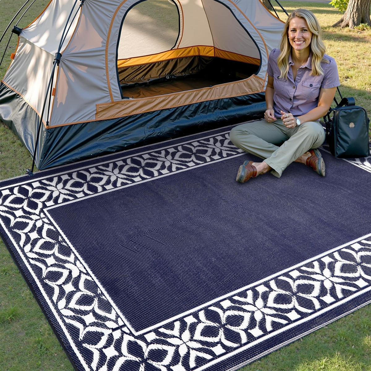 PureCozy geometric pattern rug, reversible sides for two looks on decks.