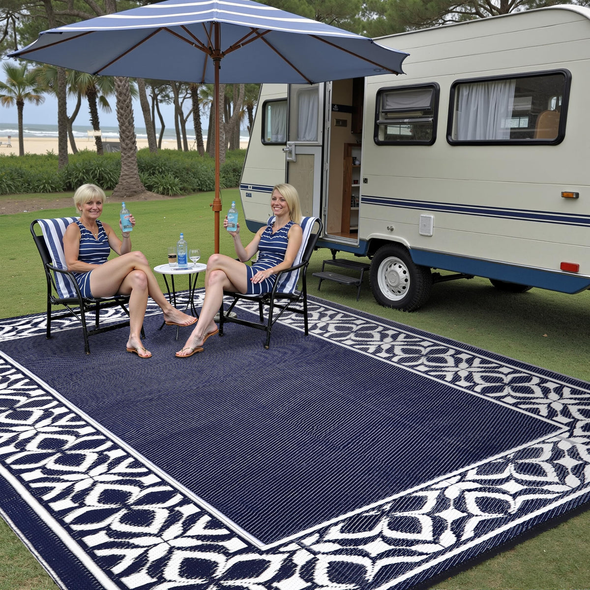 PureCozy durable outdoor rug for balcony, deck, garden, or picnic setups.