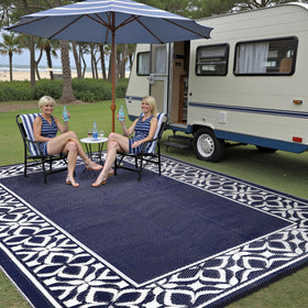 PureCozy durable outdoor rug for balcony, deck, garden, or picnic setups.