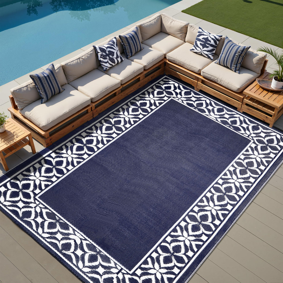 PureCozy outdoor rug with UV coating resists fading under sun exposure.