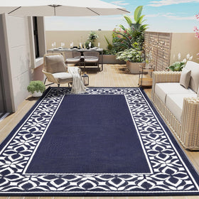 PureCozy outdoor rug with geometric pattern enhances patio décor and durability.