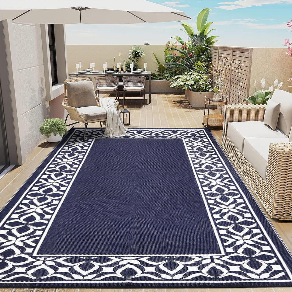 PureCozy outdoor rug with geometric pattern enhances patio décor and durability.