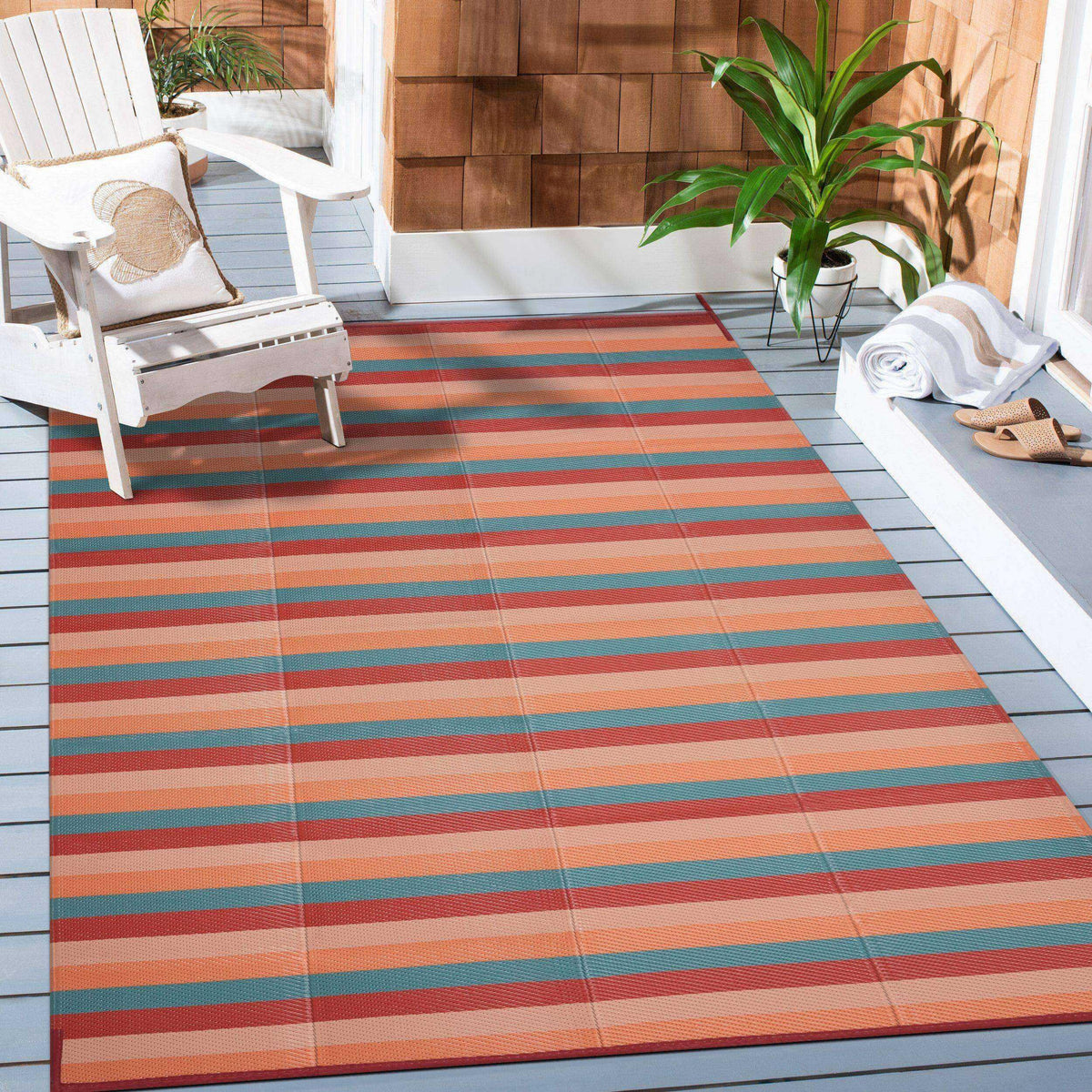 PureCozy outdoor rug with UV coating minimizes color fading in sun