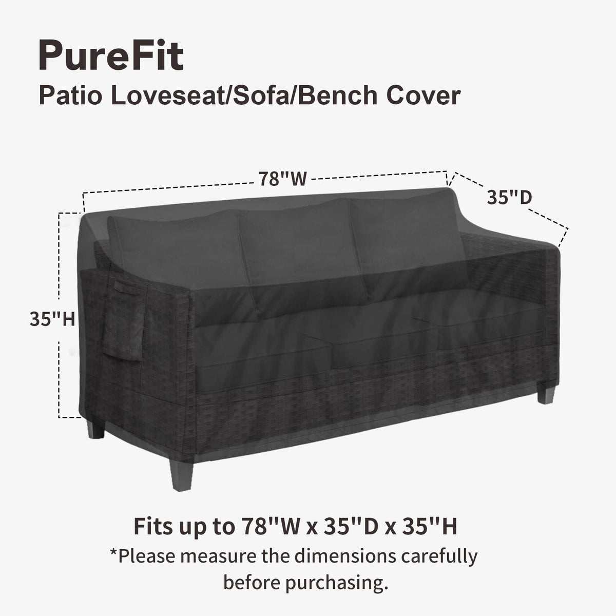 PureFit waterproof 500D fabric guards against rain on the 3-seater cover