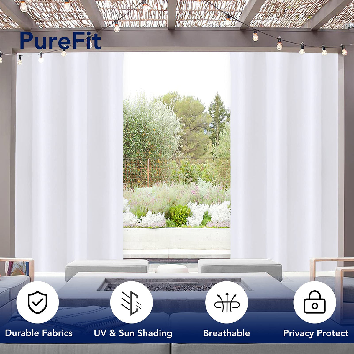 PureFit white curtain in bright sun demonstrates fade-resistant color.