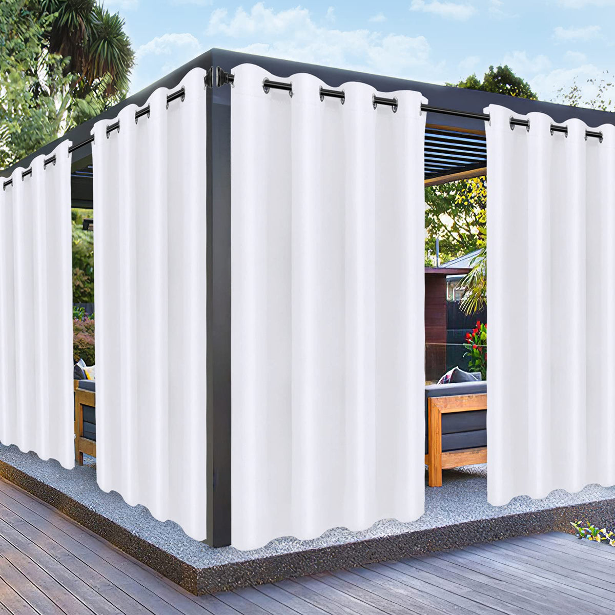 PureFit outdoor curtain panel close-up shows UV resistant fabric for sun control.