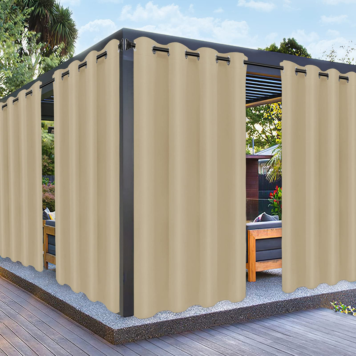 PureFit outdoor curtains for patio-waterproof design shield sun while preserving airflow.