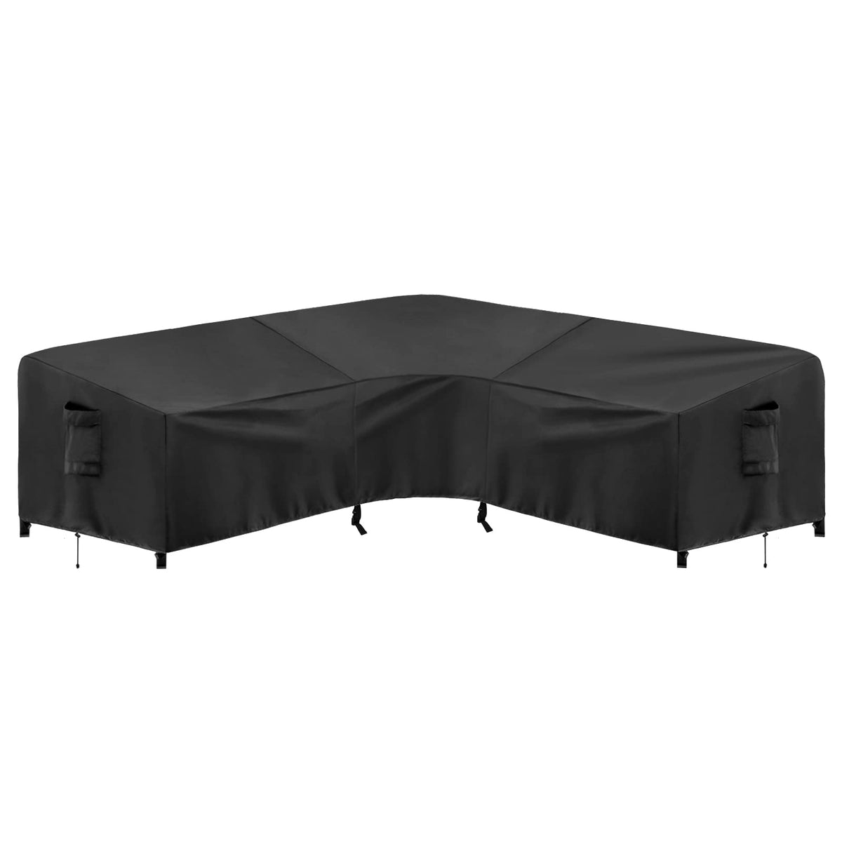 PureFit outdoor sectional cover on a V-shaped sofa protects from rain and sun.