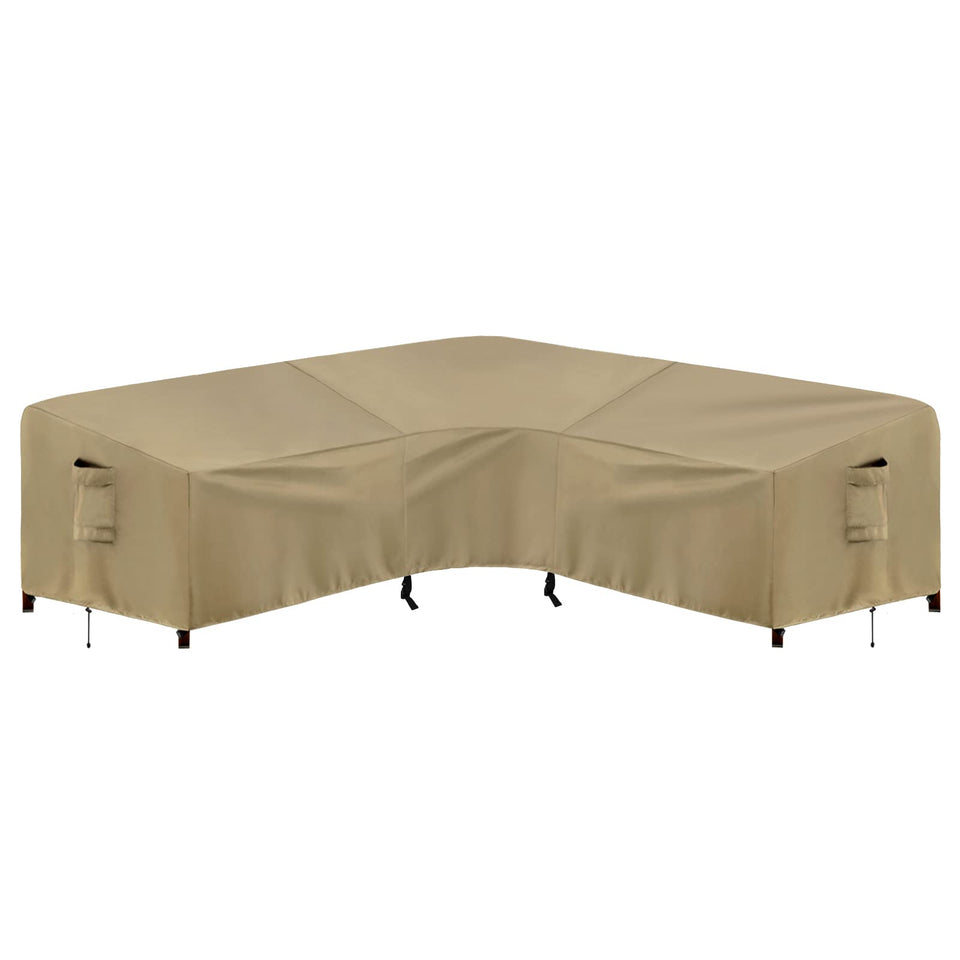 PureFit outdoor sectional cover in camel color, front view, protects against rain and sun.