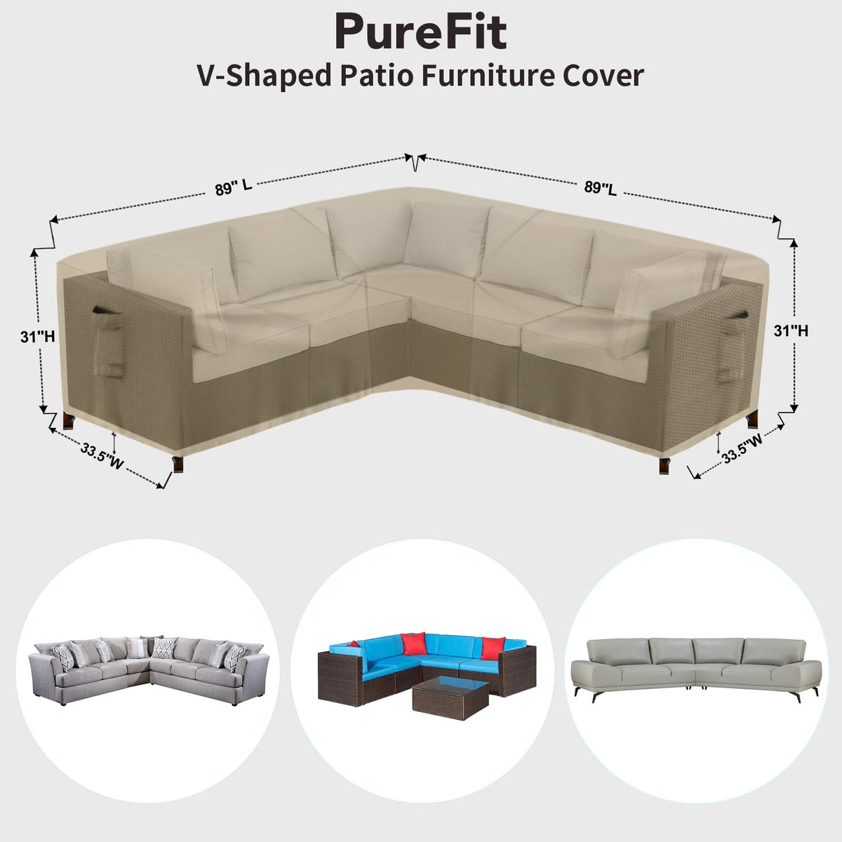 PureFit cover on V-shaped sofa, wind straps secure fit for breezy decks.