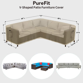 PureFit cover on V-shaped sofa, wind straps secure fit for breezy decks.