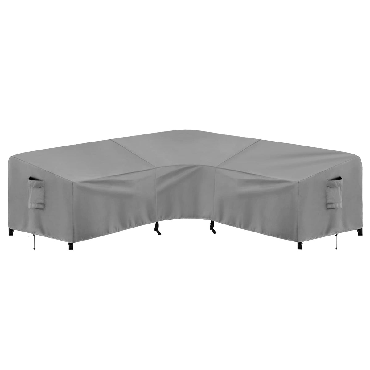PureFit outdoor sectional sofa cover in gray shields the V-shaped sofa from rain and sun