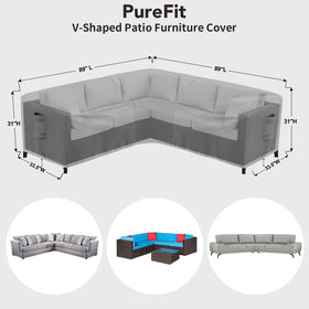 PureFit protective cover with adjustable straps stabilizes the V-shaped sofa on windy days