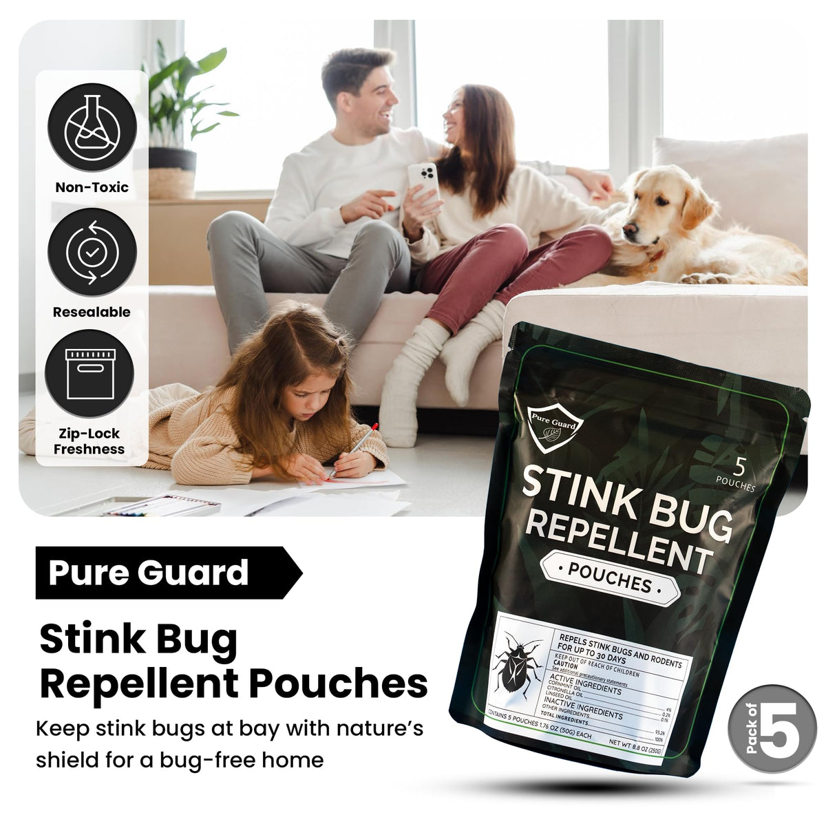 Pure Guard Stink Bug Defense pouch near window area, odor-friendly deterrence.