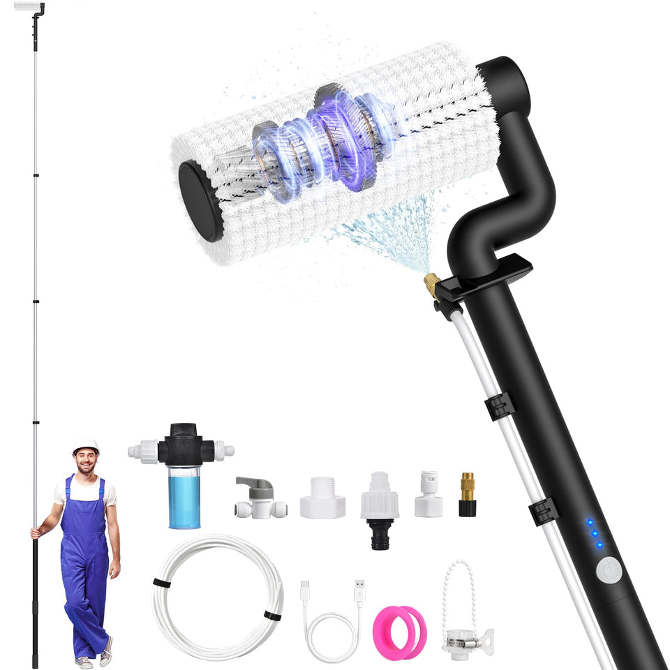PureSwirlz electric cleaning kit on pole reaching solar panels safely