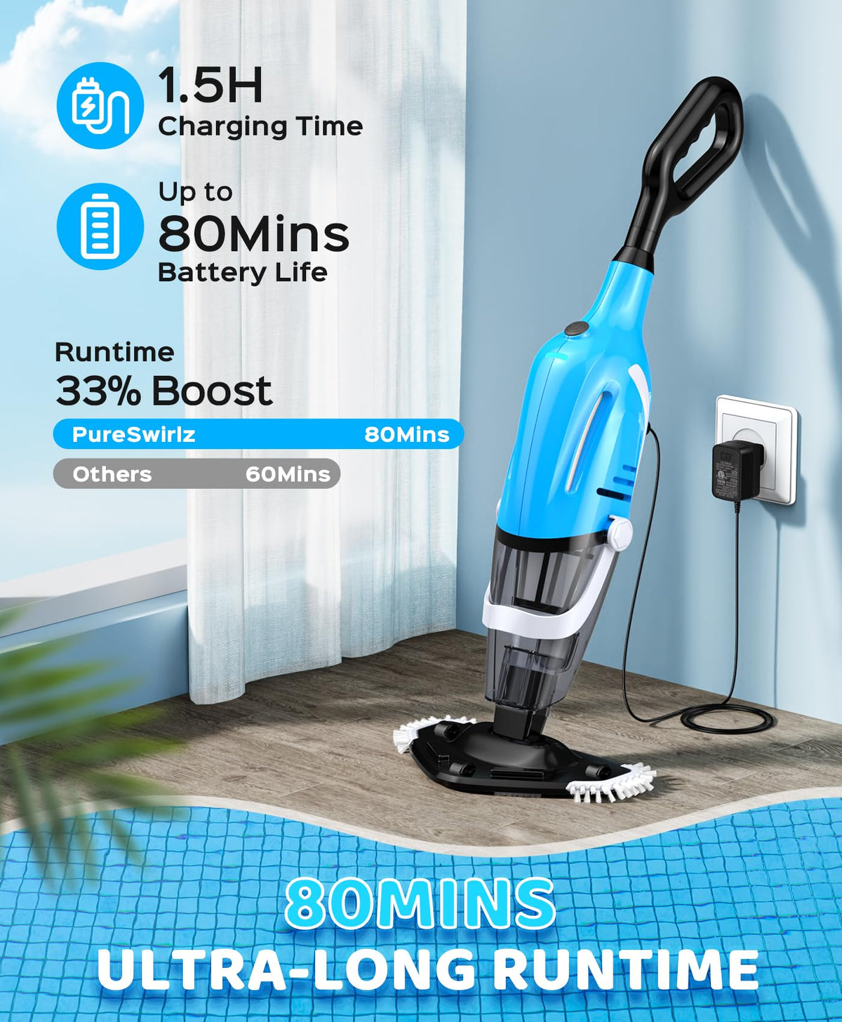 PureSwirlz pool vacuum 80-minute-runtime demonstrates long cleaning sessions.